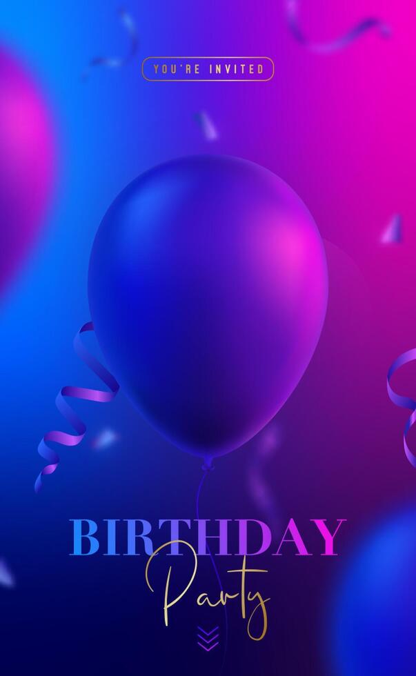 Trendy neon poster with realistic balloons and blurred confetti. vector