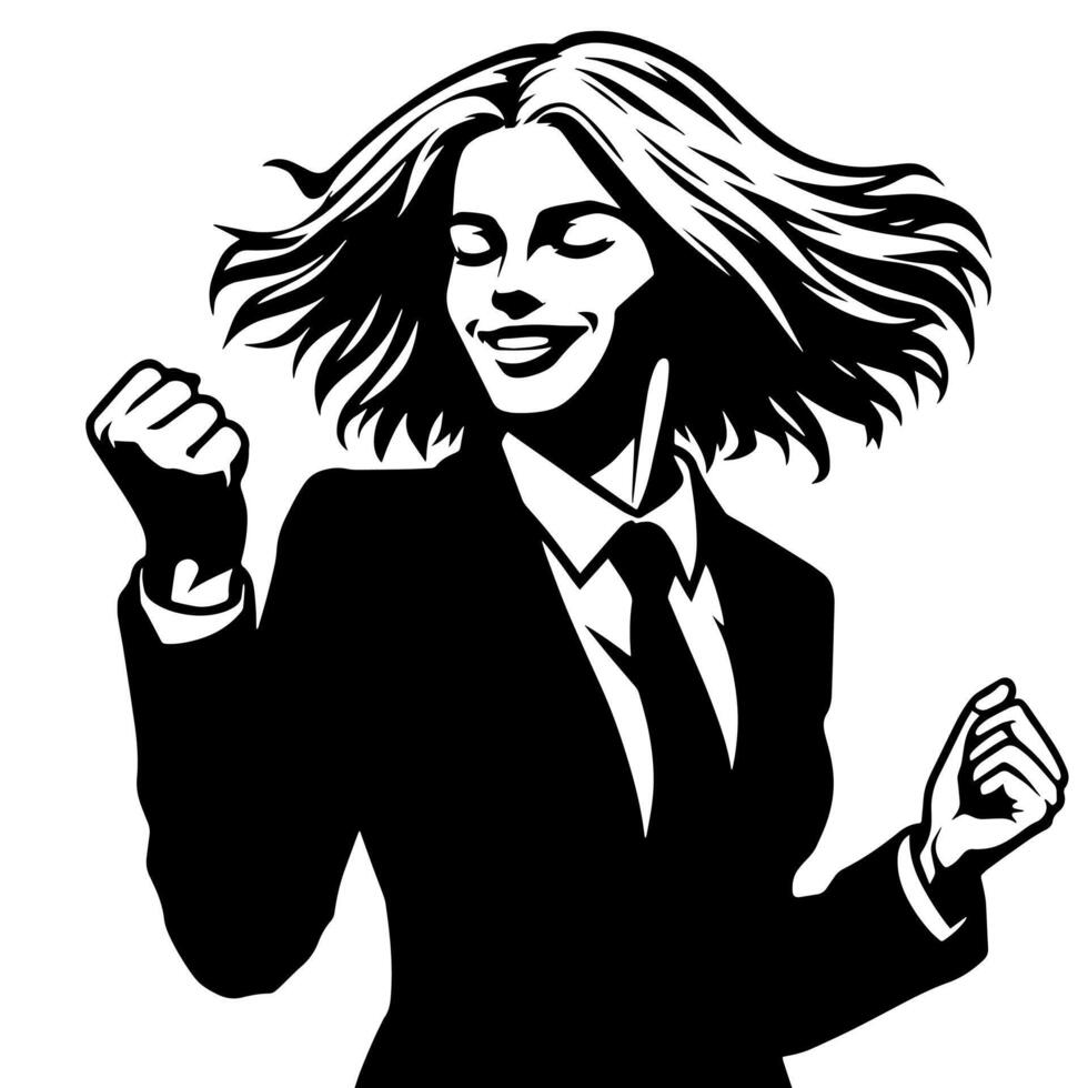 Black and White Illustration of a Woman in Business Suit is dancing and shaking in a Successful Pose vector