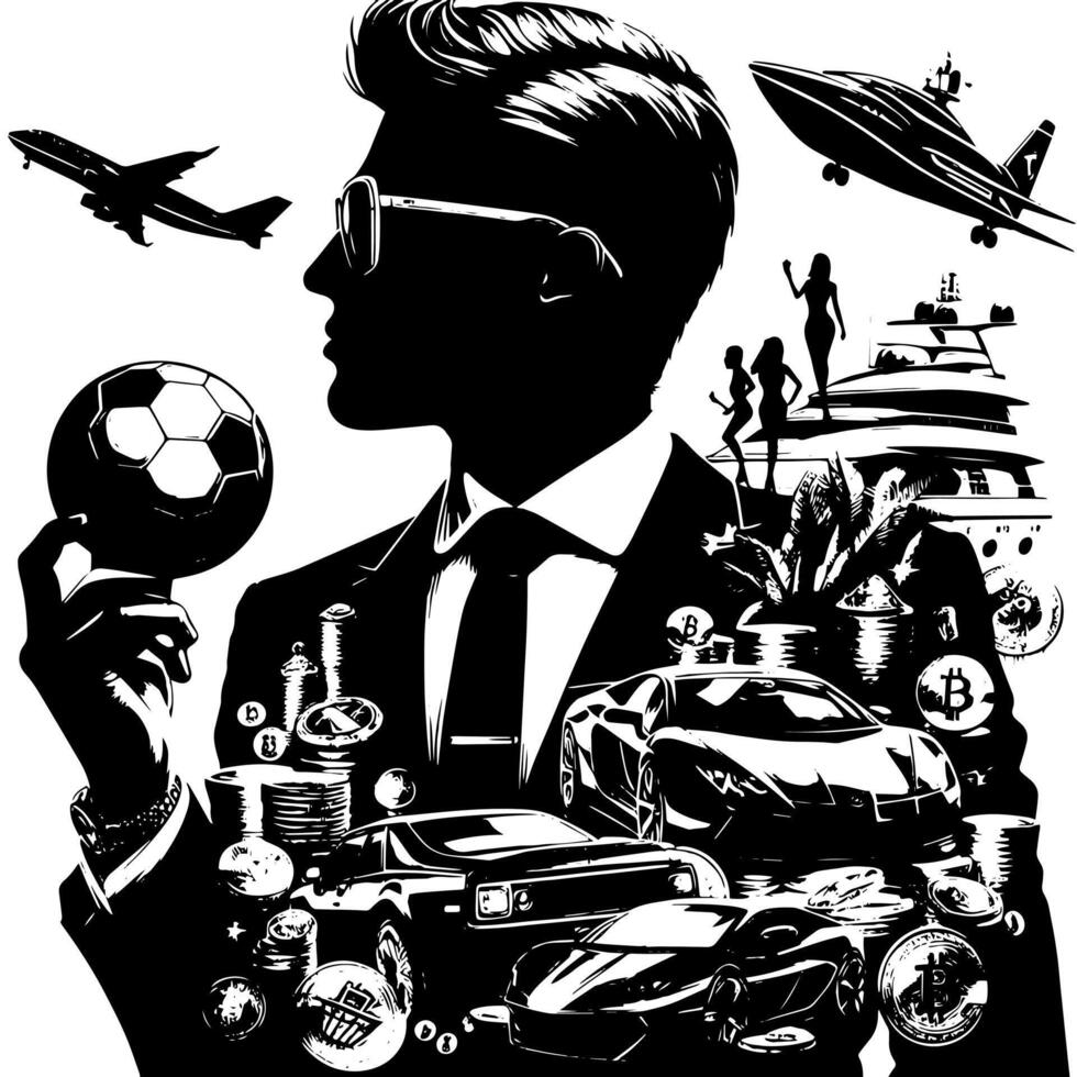 negro y blanco ilustración de un exitoso negocio hombre con dinero carros muchachas y lujo vector