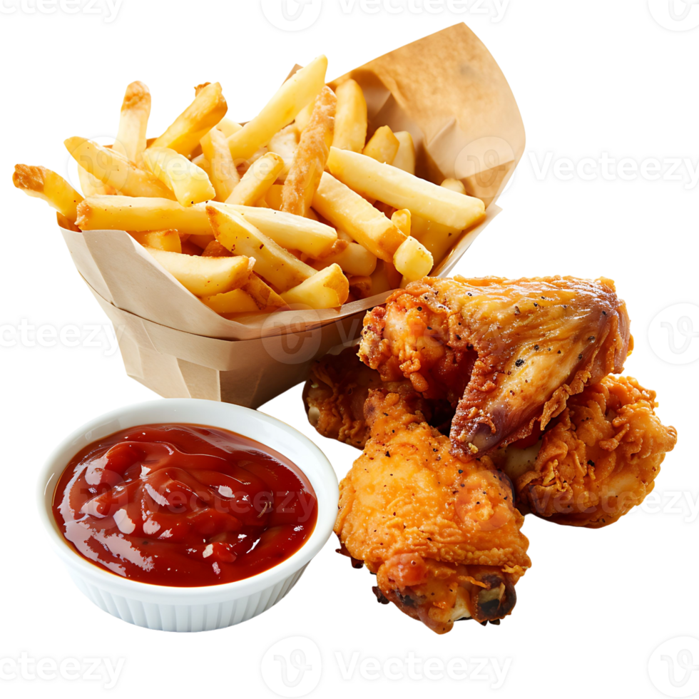 Fries with chicken wings on transparent Background png