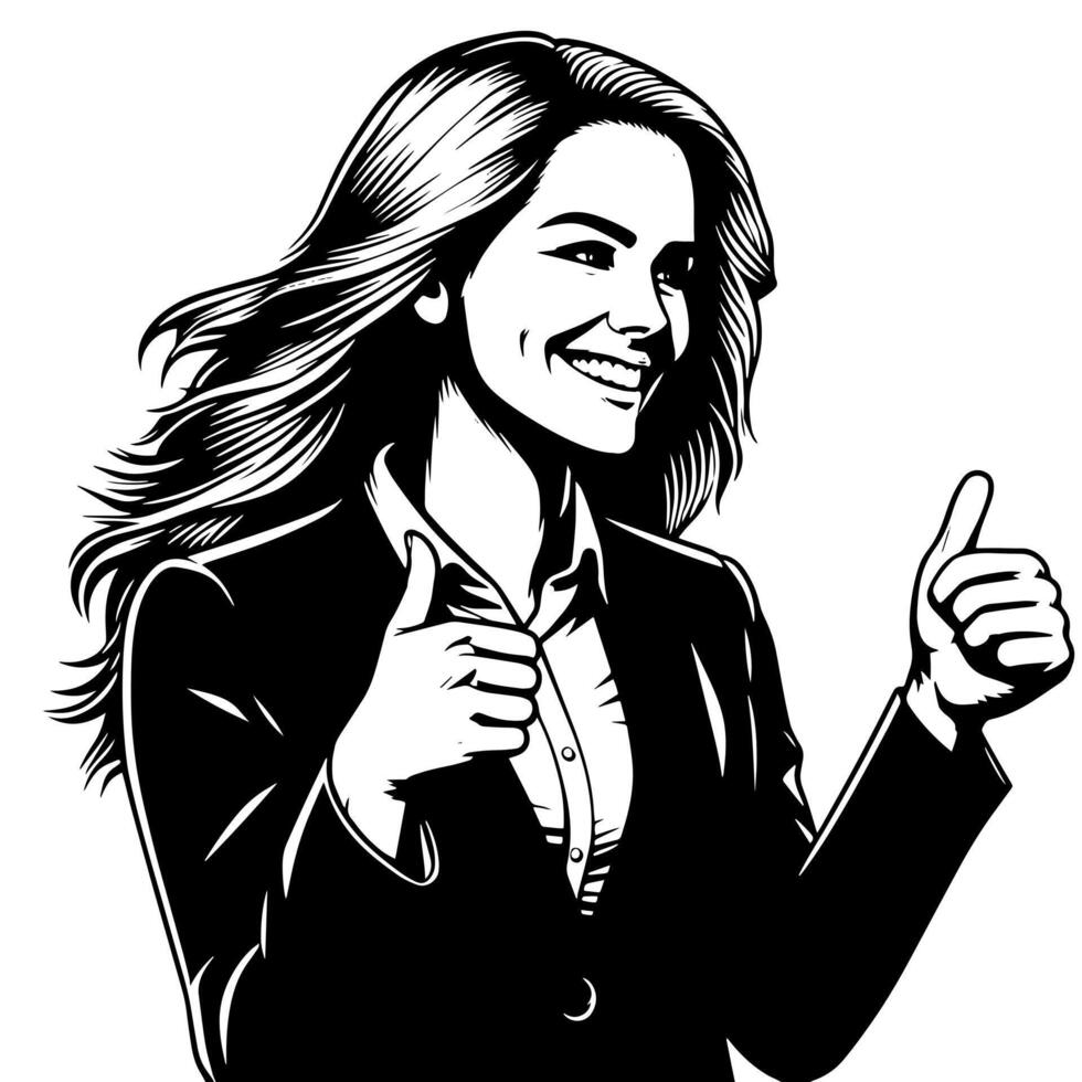 Black and White Illustration of a Woman in Business Suit is showing the Thumbs up Sign vector