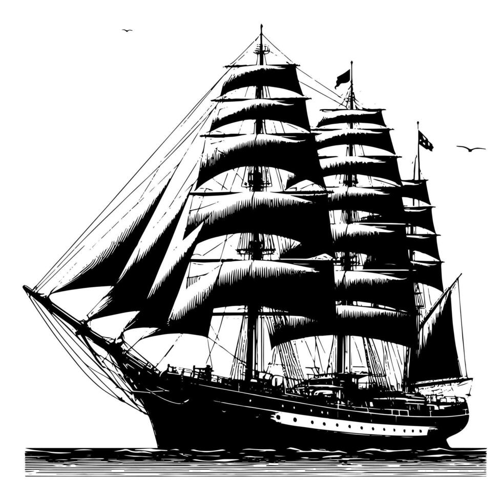 Black and White Illustration of a traditional old sailing ship vector