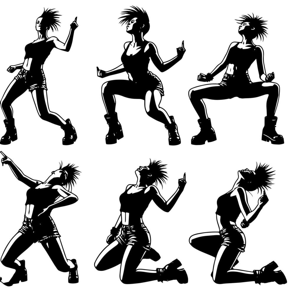 negro y blanco ilustración de un punk mujer es bailando y sacudida en un exitoso actitud vector