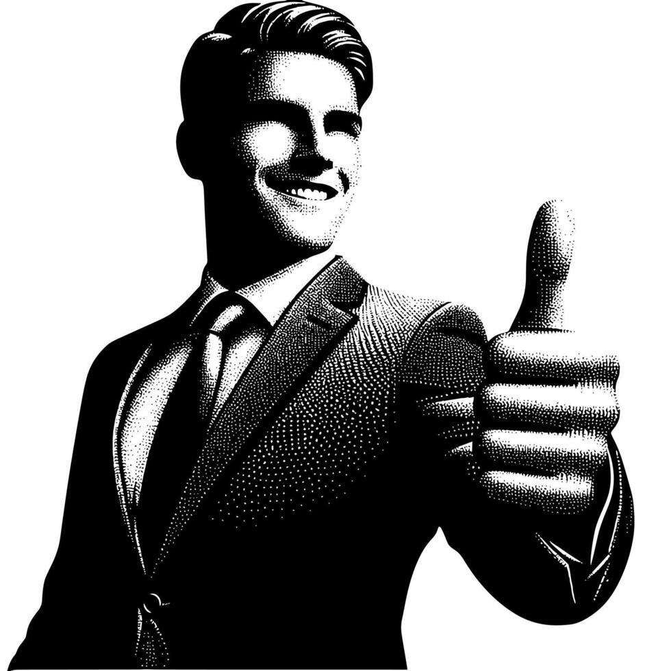 Black and White Illustration of a Man in Business Suit is showing the Thumbs up Sign vector