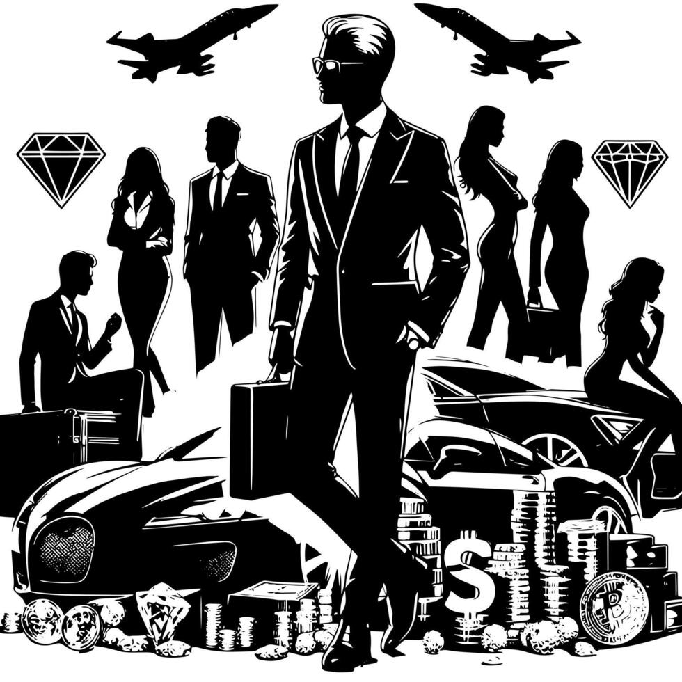 Black and white Illustration of a successful Business Man with Money Cars Girls and Luxus vector