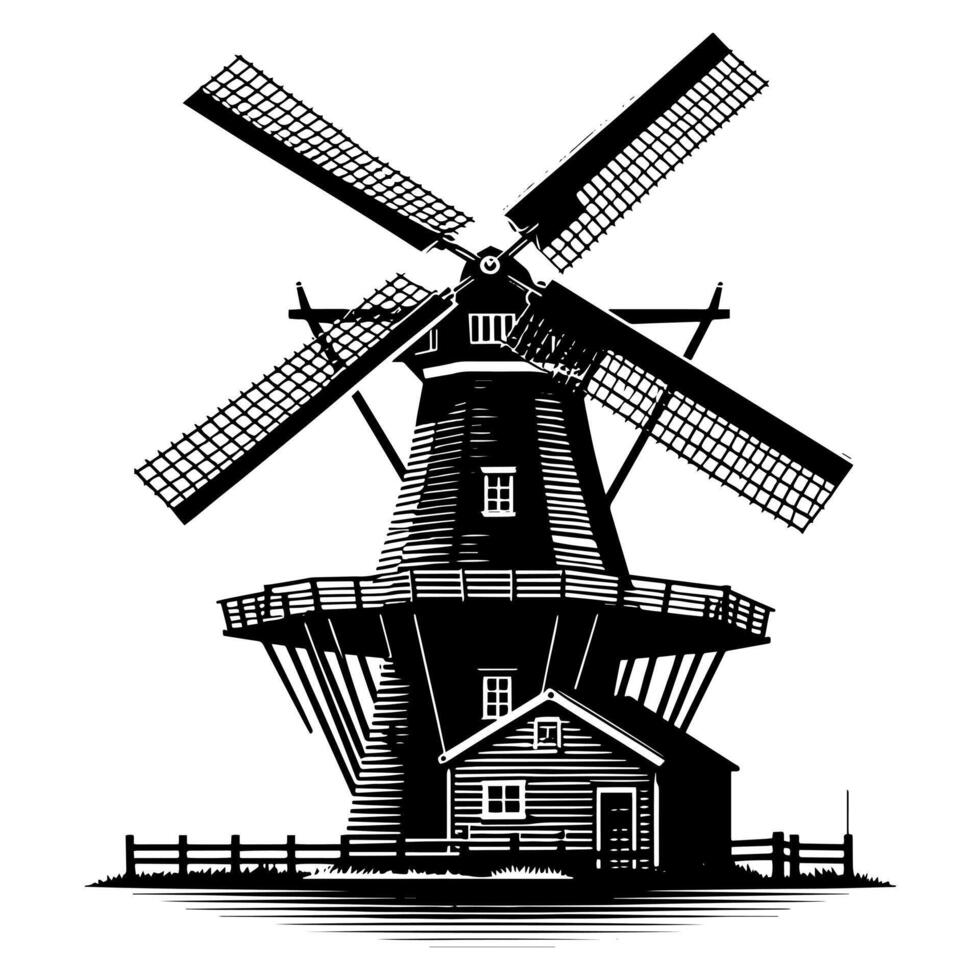 negro y blanco ilustración de un tradicional antiguo molino en Holanda vector