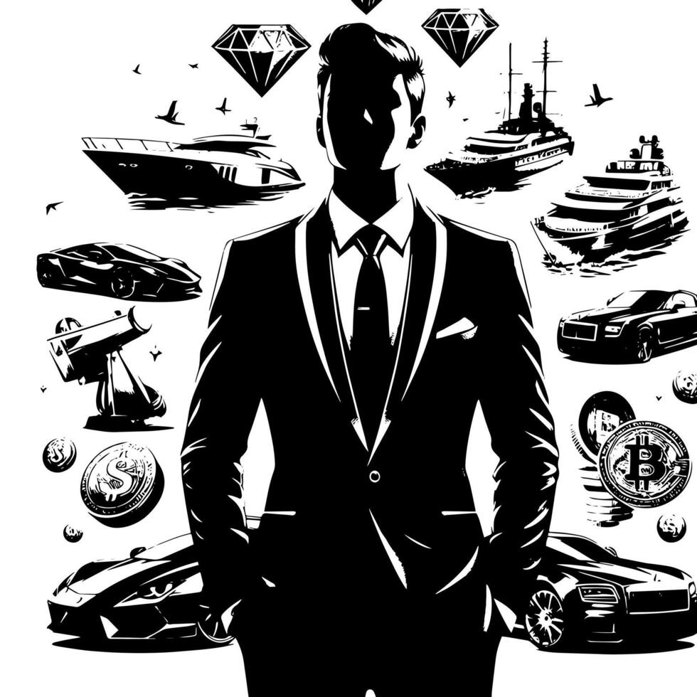 Black and white Illustration of a successful Business Man with Money Cars Girls and Luxus vector