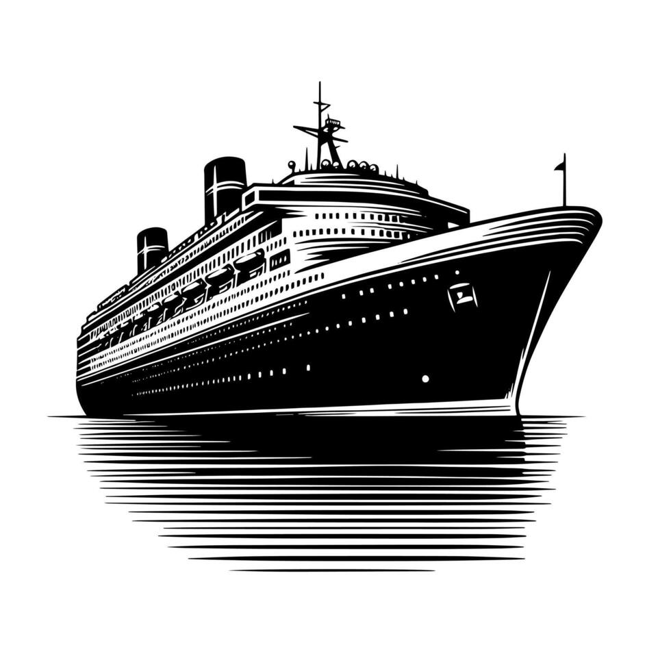 Black and White Illustration of a ocean liner at the sea vector