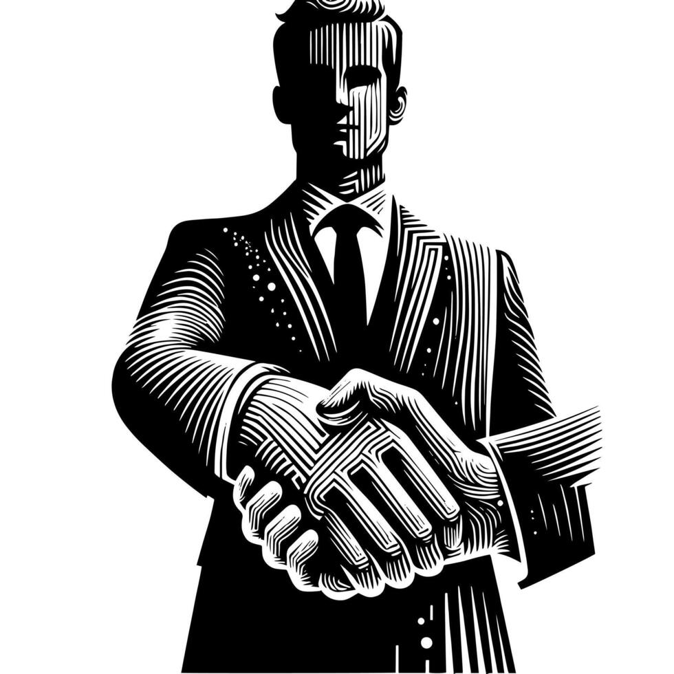 Black and white Illustration of a Handshake bewtween two Business Men in Suits vector