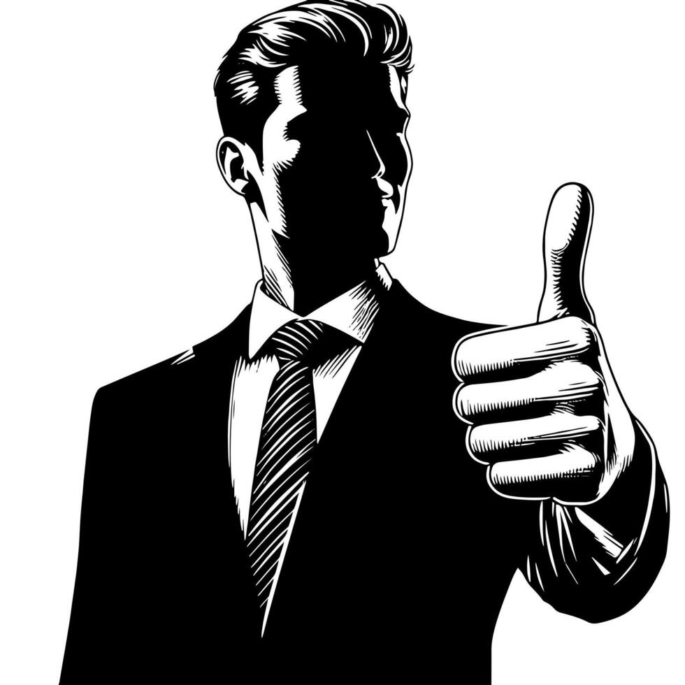 Black and White Illustration of a Man in Business Suit is showing the Thumbs up Sign vector