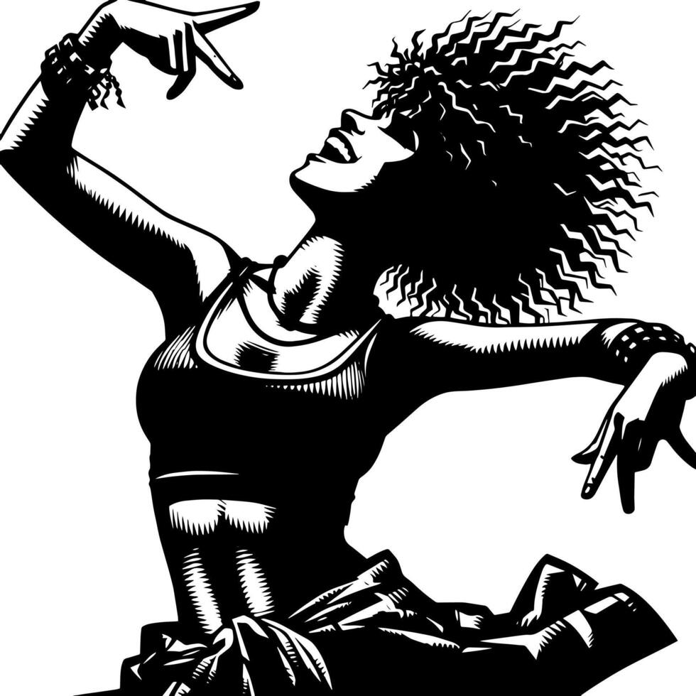 Black and White Illustration of a punk Woman is dancing and shaking in a Successful Pose vector