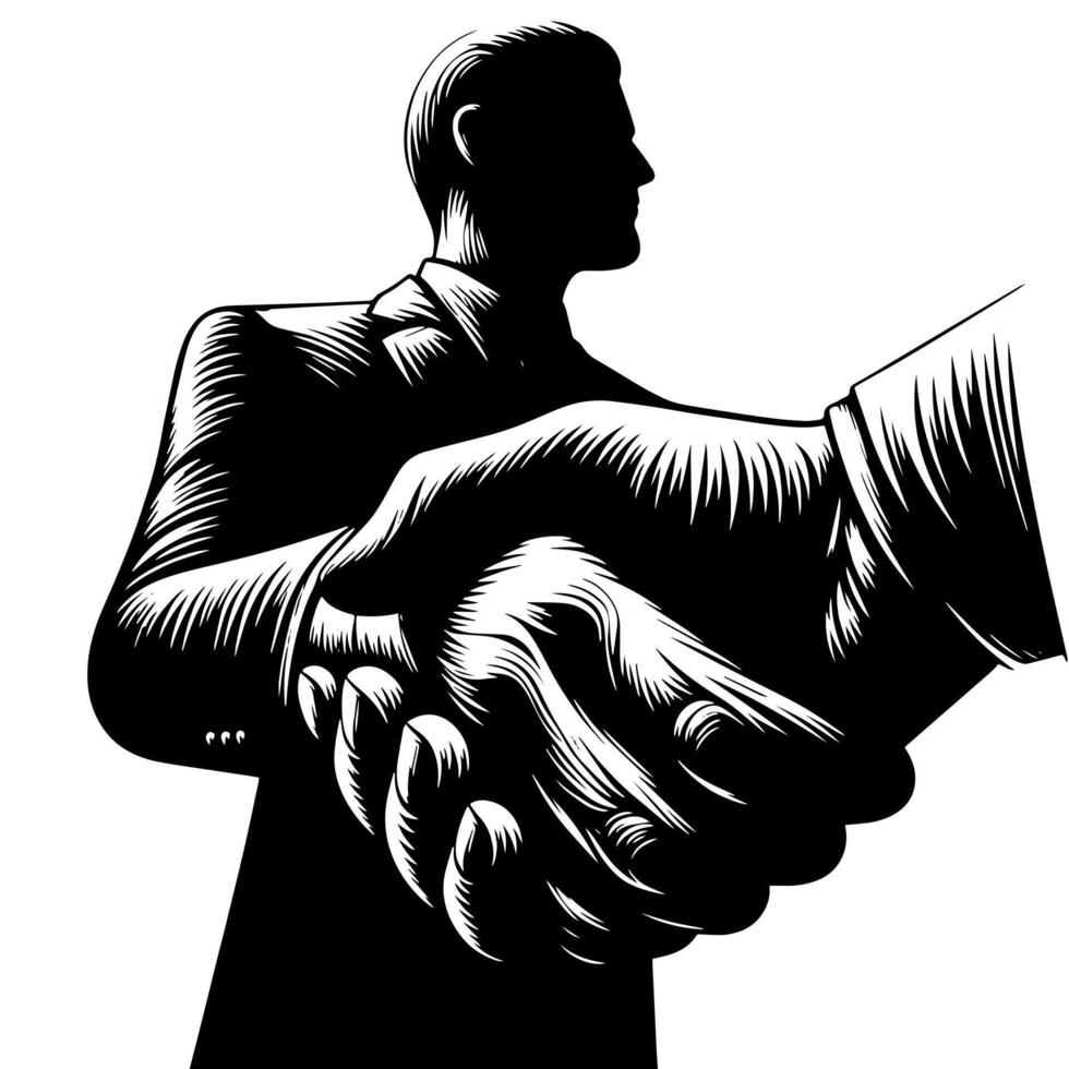 Black and white Illustration of a Handshake bewtween two Business Men in Suits vector