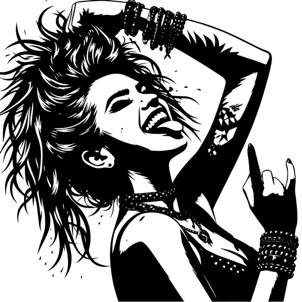 negro y blanco ilustración de un punk mujer es bailando y sacudida en un exitoso actitud vector