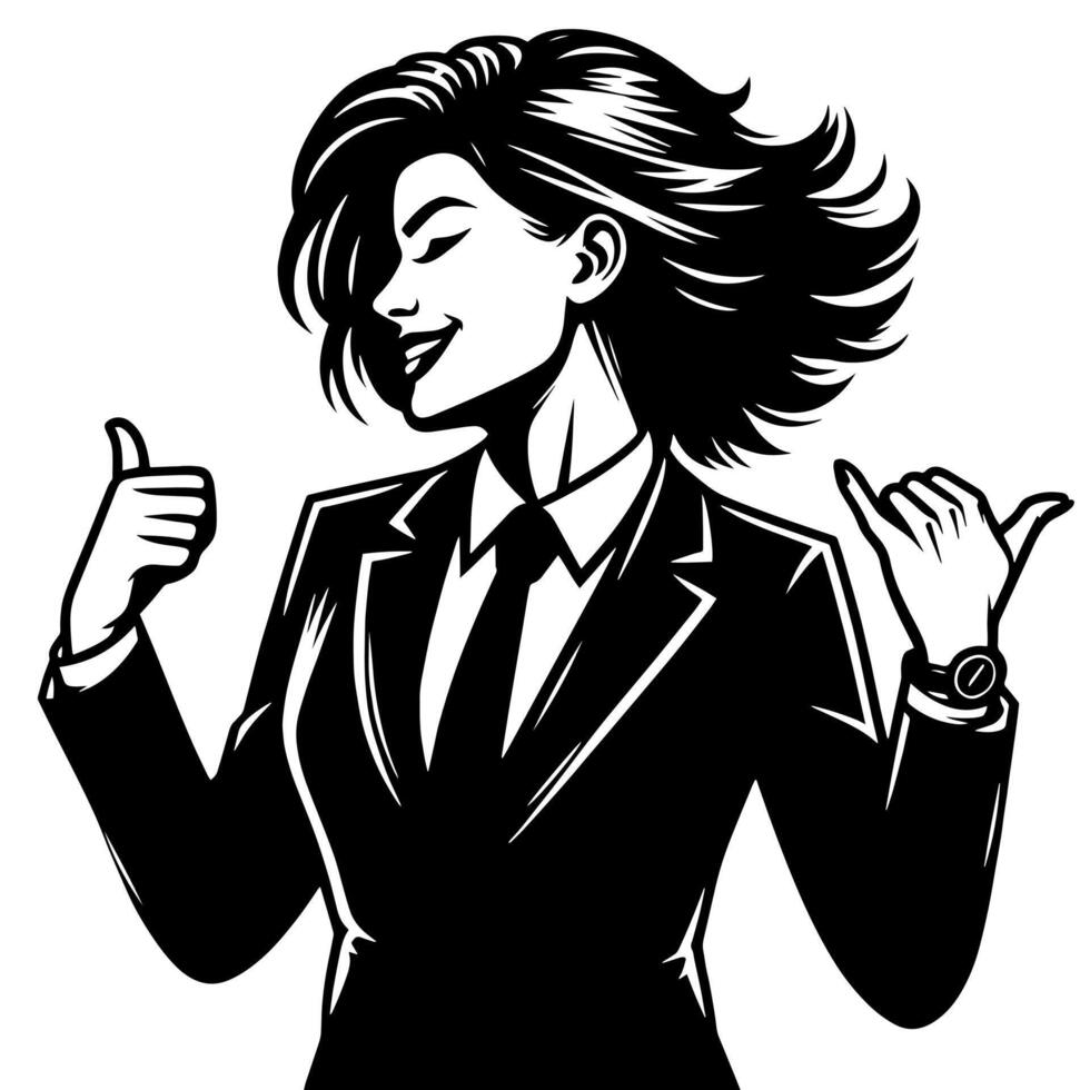 Black and White Illustration of a Woman in Business Suit is dancing and shaking in a Successful Pose vector