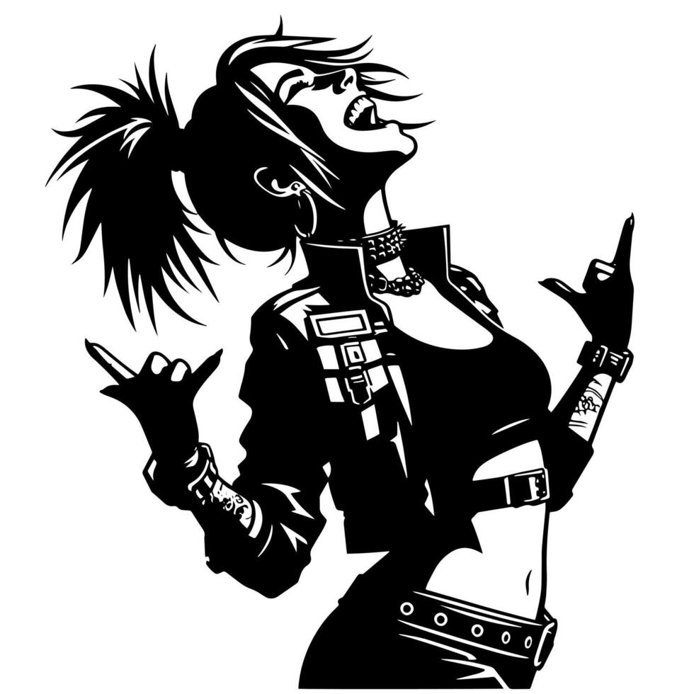 negro y blanco ilustración de un punk mujer es bailando y sacudida en un exitoso actitud vector