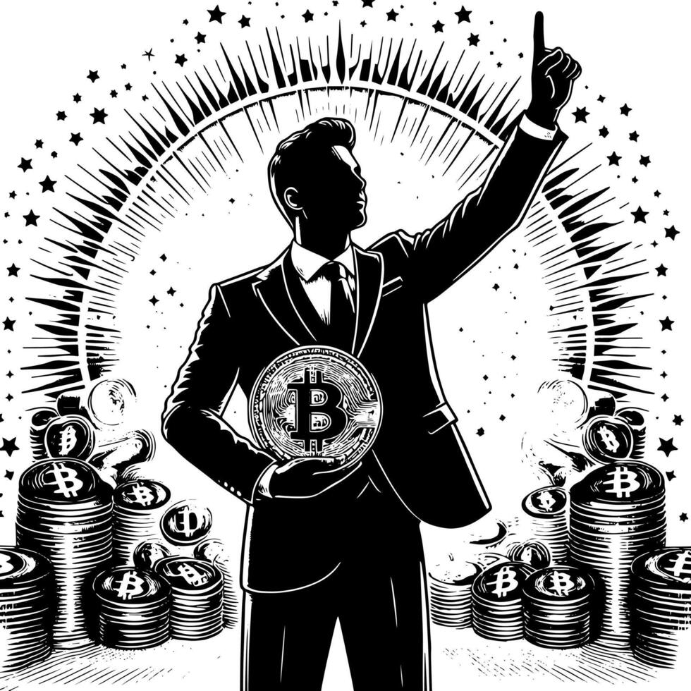 Black and white Illustration of a successful Business Man with Bitcoins Money Cars and Luxus vector