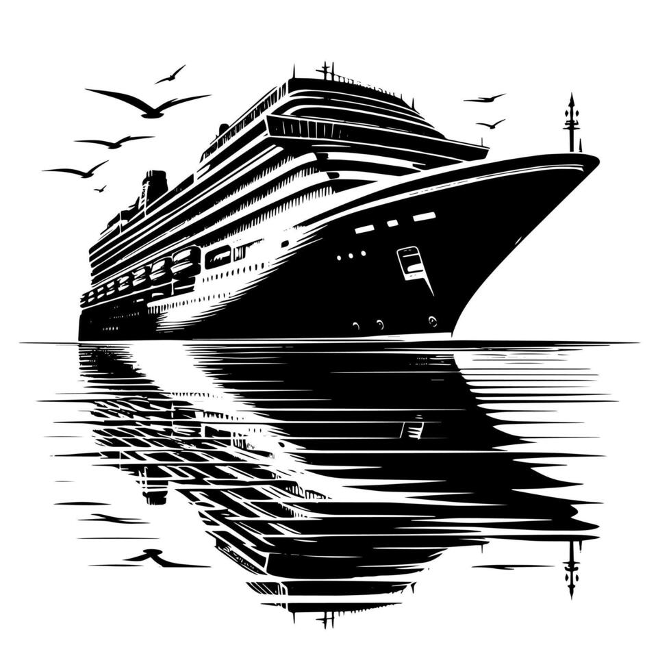 Black and White Illustration of a ocean liner at the sea vector