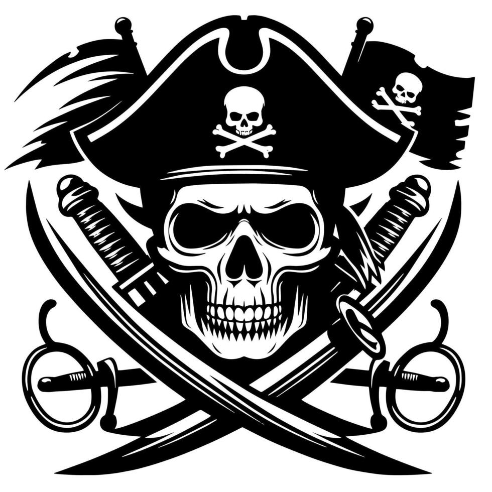 negro y blanco ilustración de pirata símbolo con espadas y sombrero vector