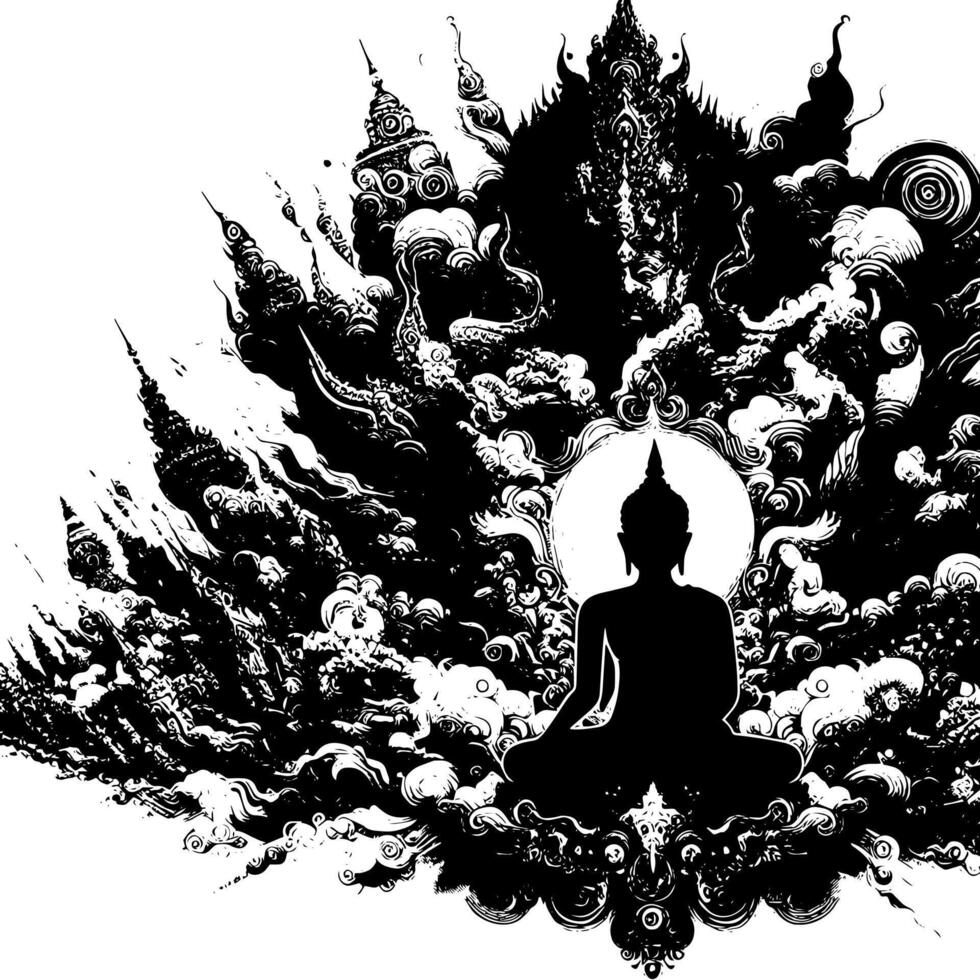 Black and White Illustration of a Buddha Statue Symbol vector