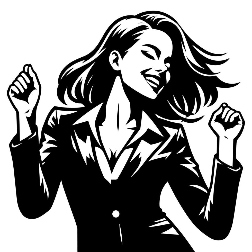 Black and White Illustration of a Woman in Business Suit is dancing and shaking in a Successful Pose vector