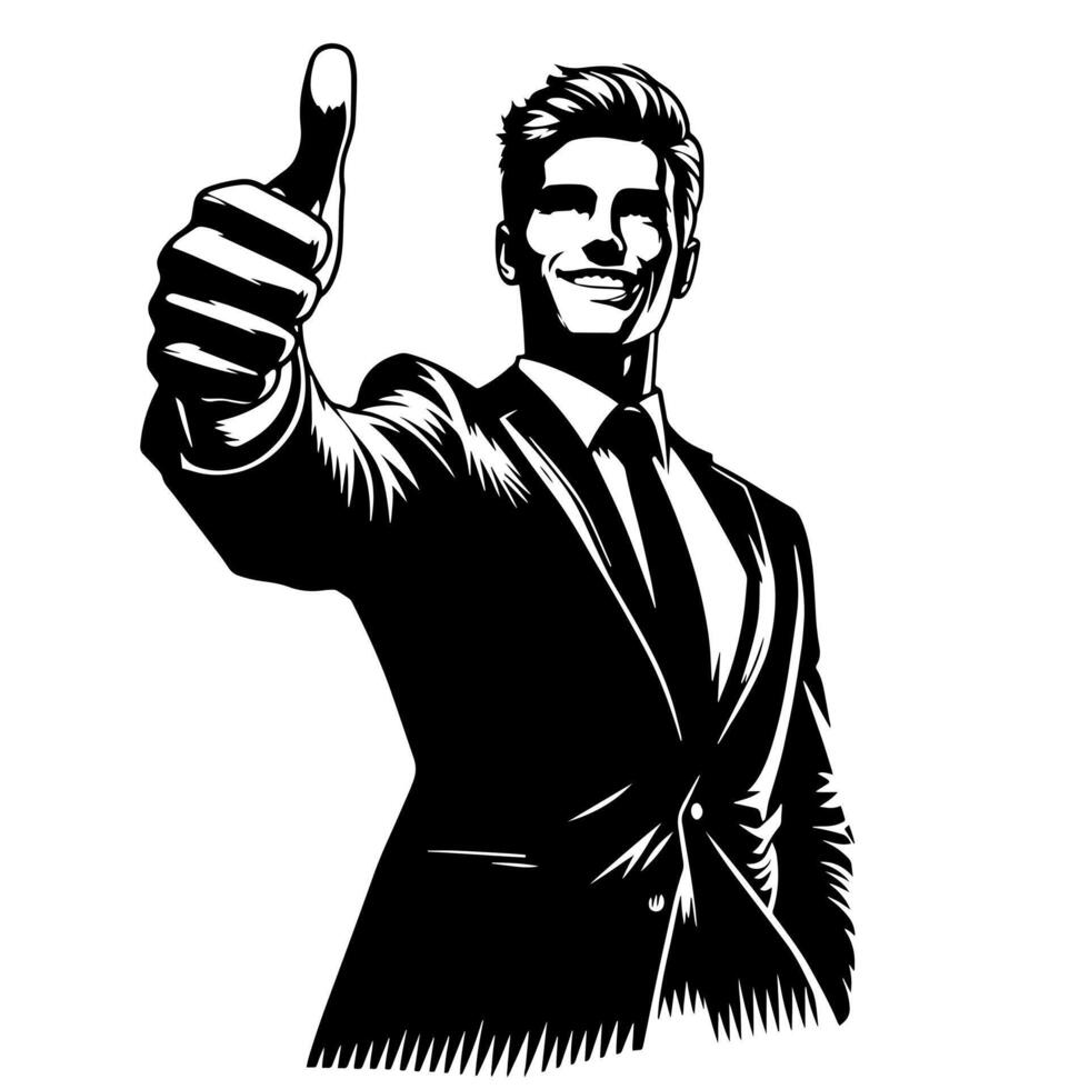 Black and White Illustration of a Man in Business Suit is showing the Thumbs up Sign vector