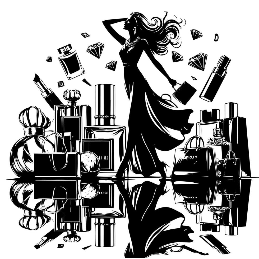 Black and white Illustration of a lucky luxurious Shopping Lady with Bags and Diamonds and Parfum vector