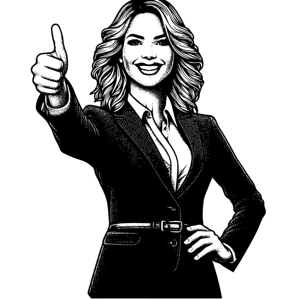 Black and White Illustration of a Woman in Business Suit is showing the Thumbs up Sign vector