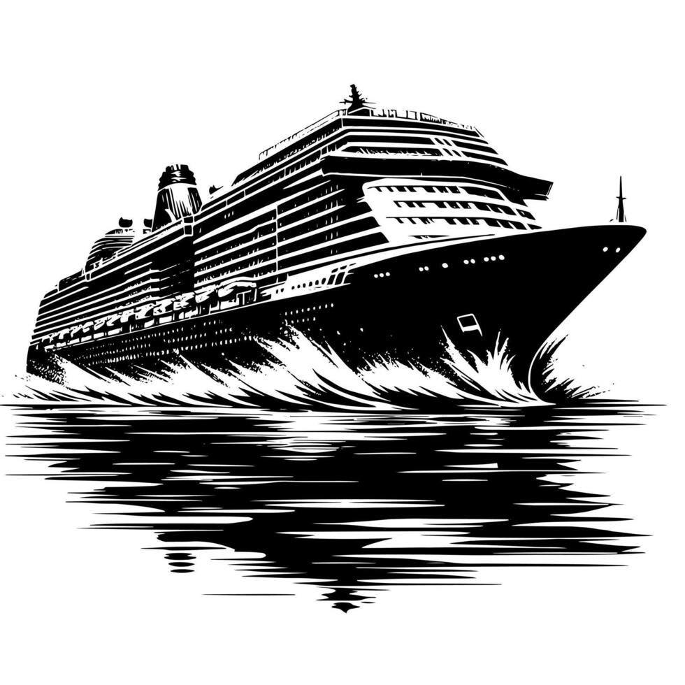 Black and White Illustration of a ocean liner at the sea vector