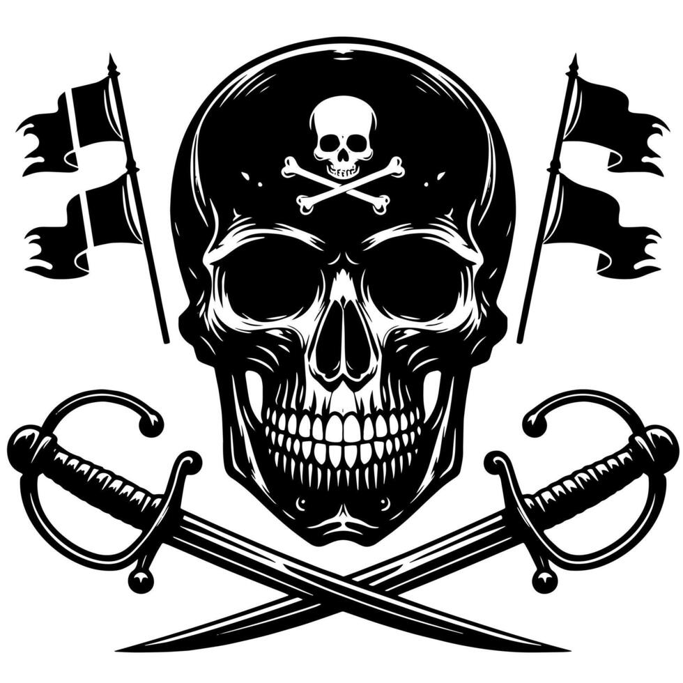 negro y blanco ilustración de pirata símbolo con espadas y sombrero vector