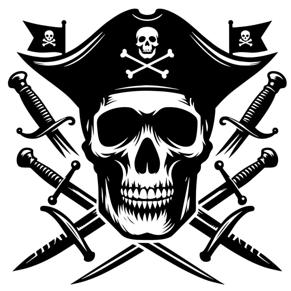 negro y blanco ilustración de pirata símbolo con espadas y sombrero vector