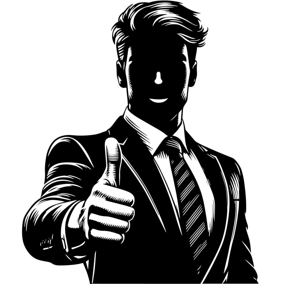 Black and White Illustration of a Man in Business Suit is showing the Thumbs up Sign vector