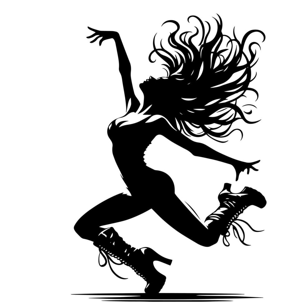 Black and White Illustration of a punk Woman is dancing and shaking in a Successful Pose vector