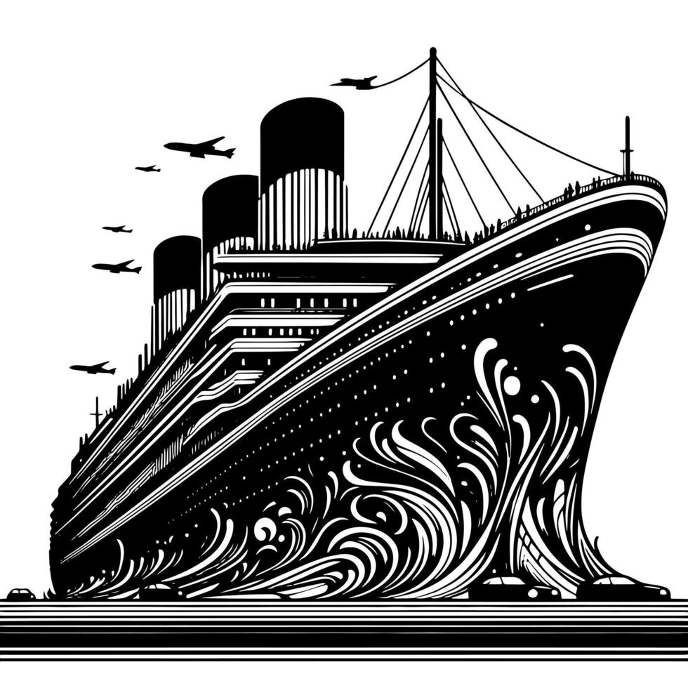 Black and White Illustration of a ocean liner at the sea vector