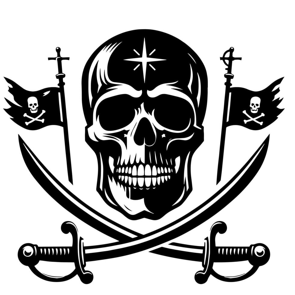 negro y blanco ilustración de pirata símbolo con espadas y sombrero vector