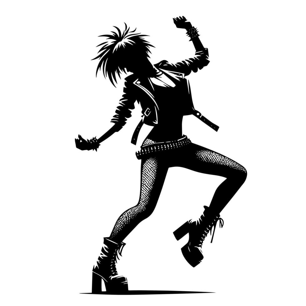 negro y blanco ilustración de un punk mujer es bailando y sacudida en un exitoso actitud vector