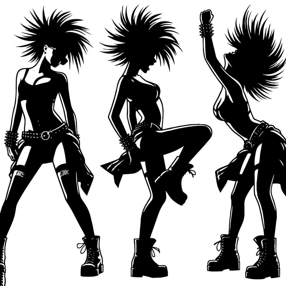 negro y blanco ilustración de un punk mujer es bailando y sacudida en un exitoso actitud vector