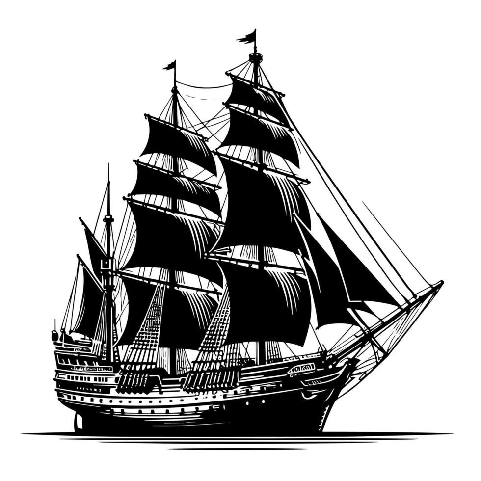 Black and White Illustration of a traditional old sailing ship vector