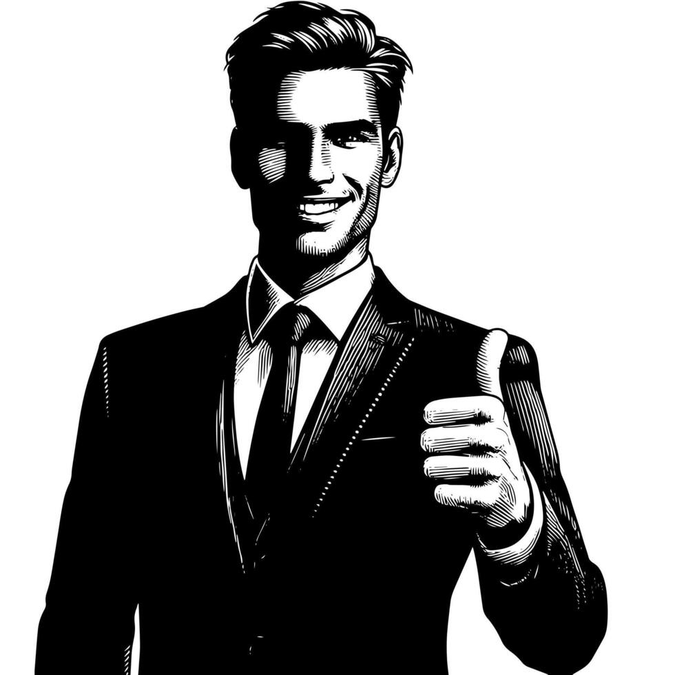 Black and White Illustration of a Man in Business Suit is showing the Thumbs up Sign vector