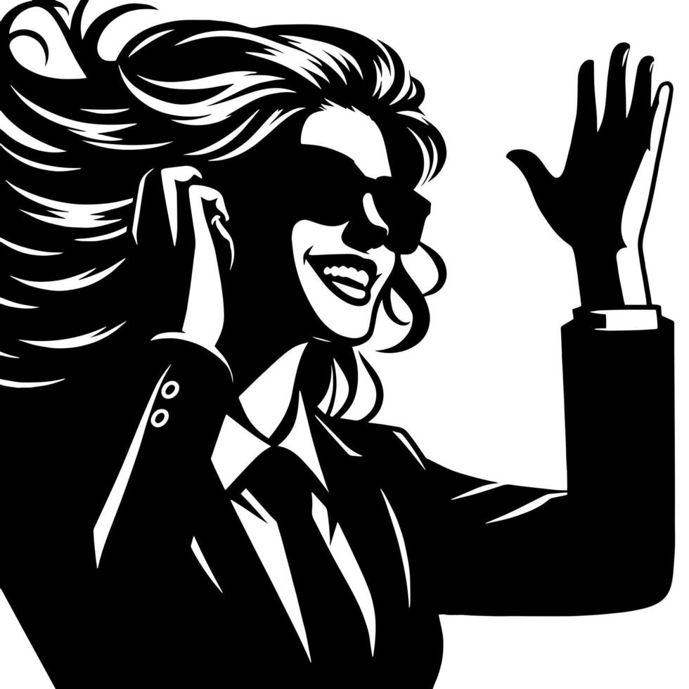 negro y blanco ilustración de un mujer en negocio traje es bailando y sacudida en un exitoso actitud vector