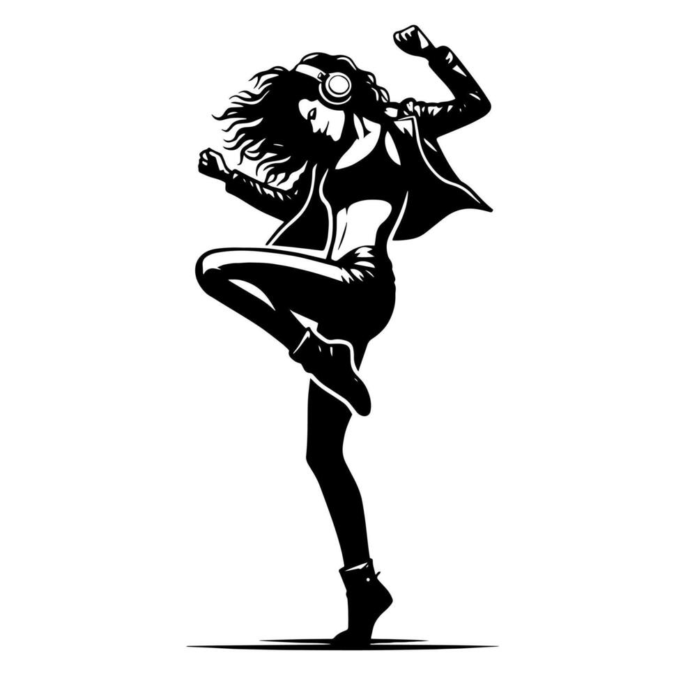 Black and White Illustration of a punk Woman is dancing and shaking in a Successful Pose vector