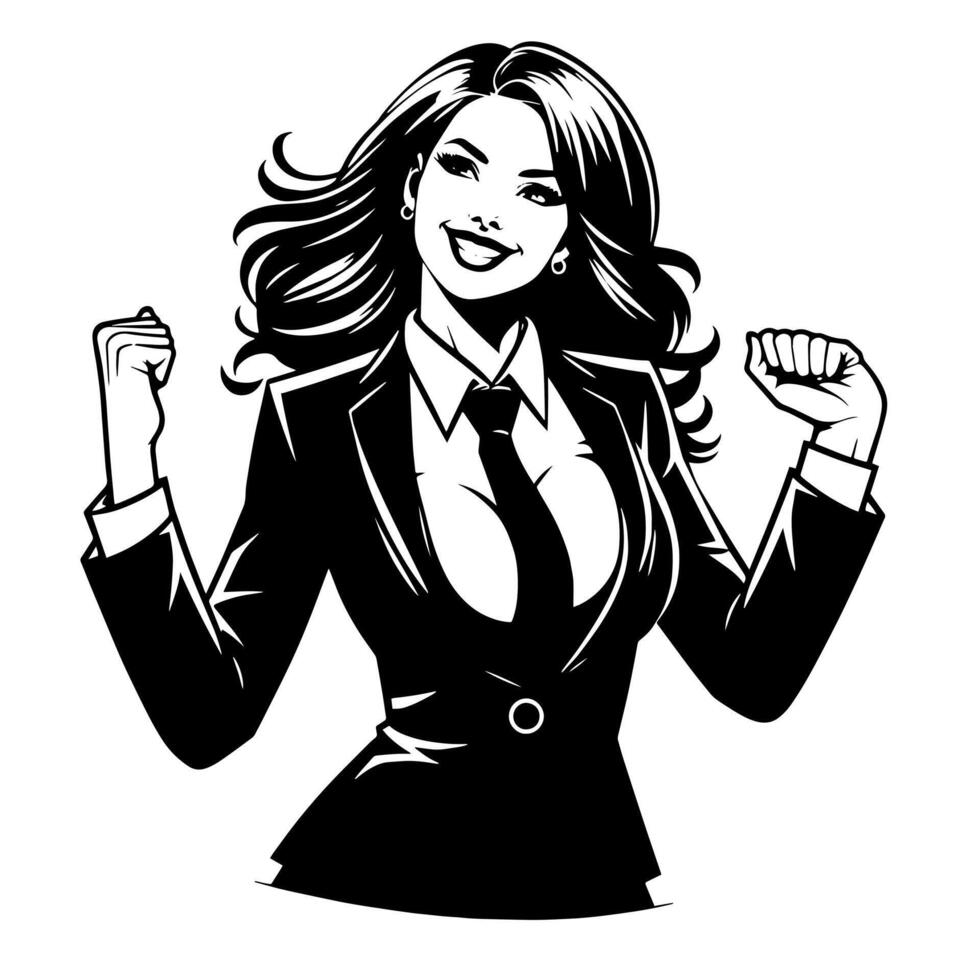 Black and White Illustration of a Woman in Business Suit is dancing and shaking in a Successful Pose vector