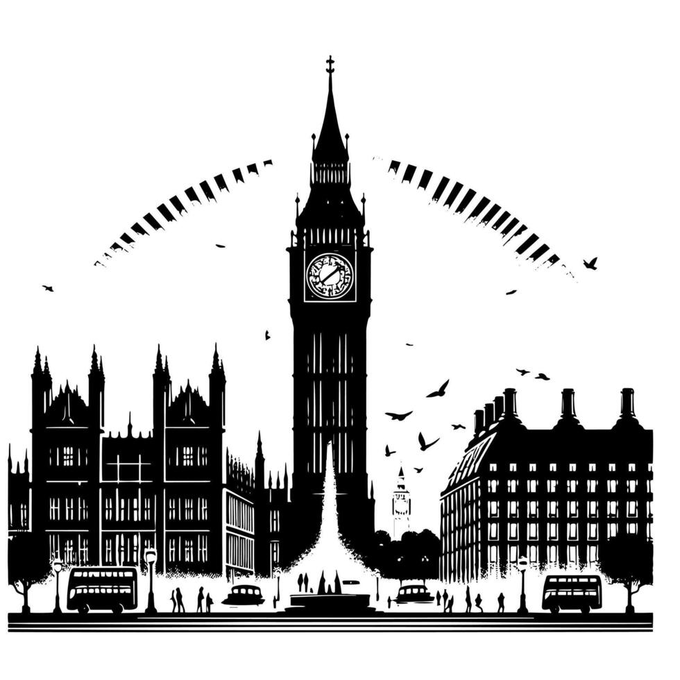 negro y blanco ilustración de grande ben torre en Londres vector