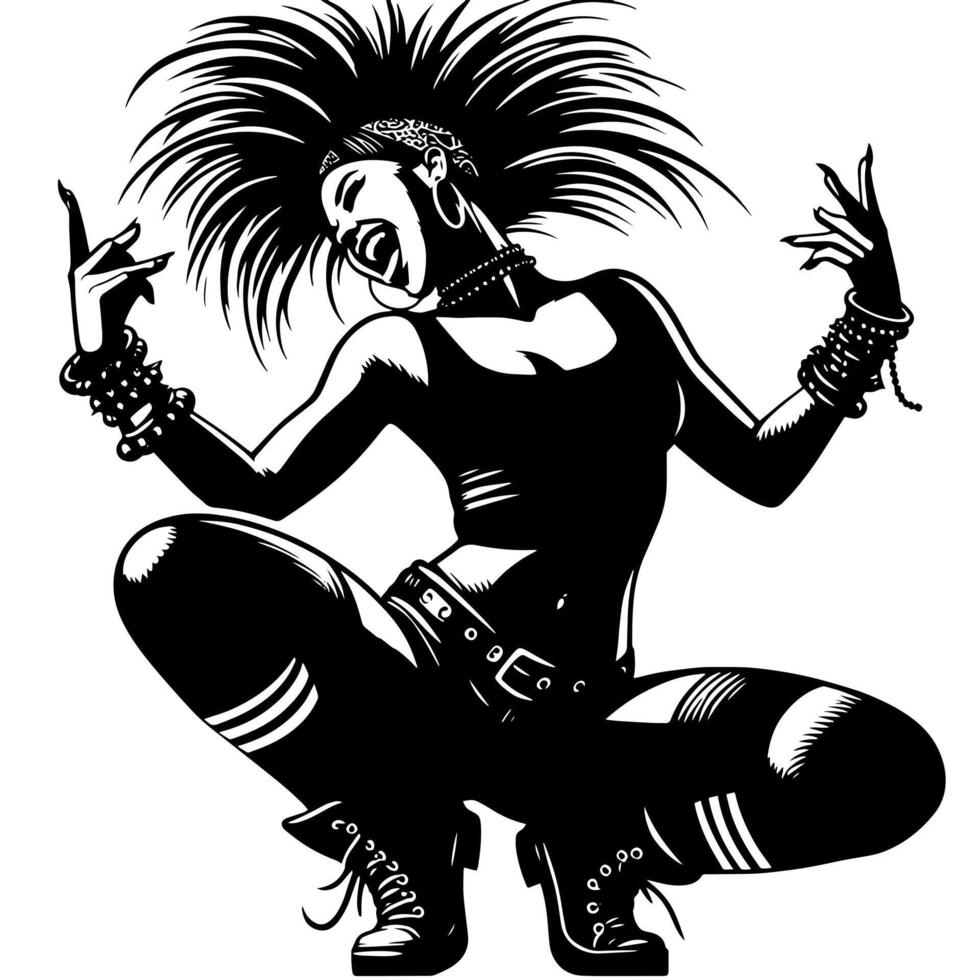 negro y blanco ilustración de un punk mujer es bailando y sacudida en un exitoso actitud vector