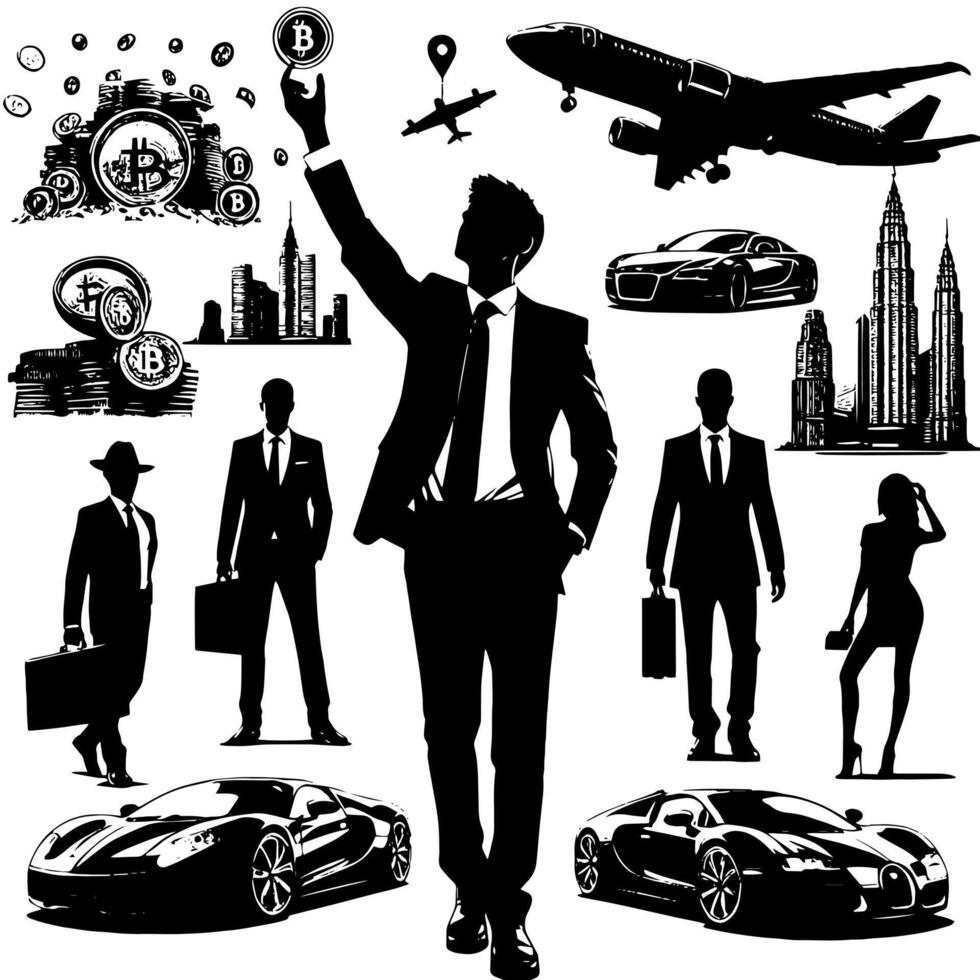 Black and white Illustration of a successful Business Man with Money Cars Girls and Luxus vector