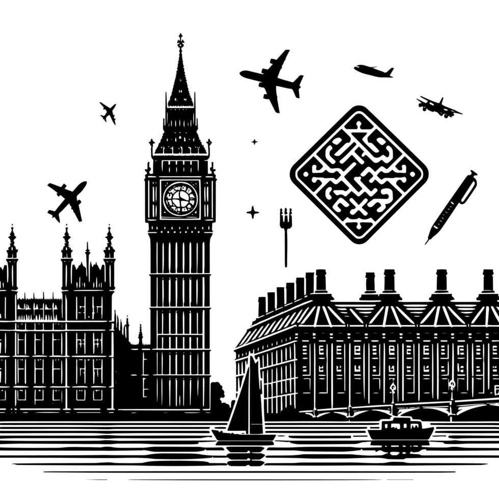 Black and White Illustration of Big Ben Tower in London vector