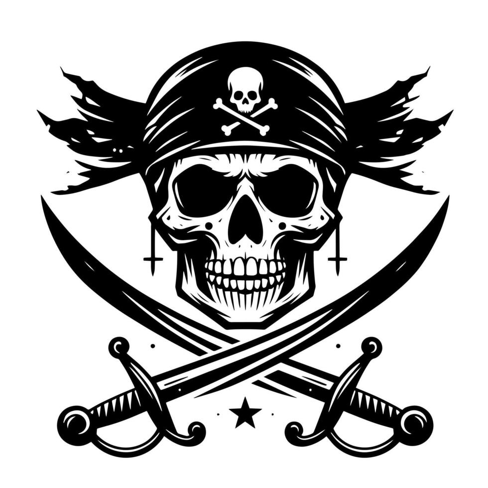 negro y blanco ilustración de pirata símbolo con espadas y sombrero vector