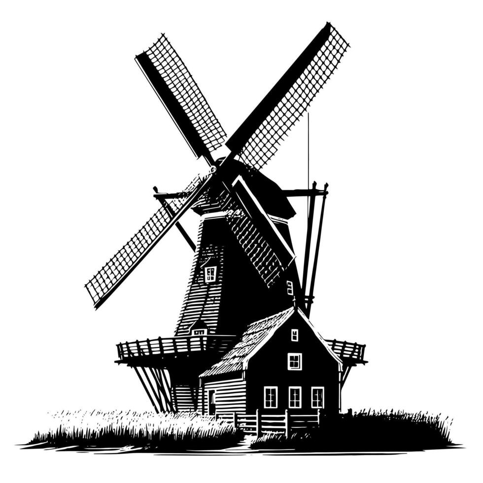 Black and White Illustration of a traditional old Windmill in Holland vector