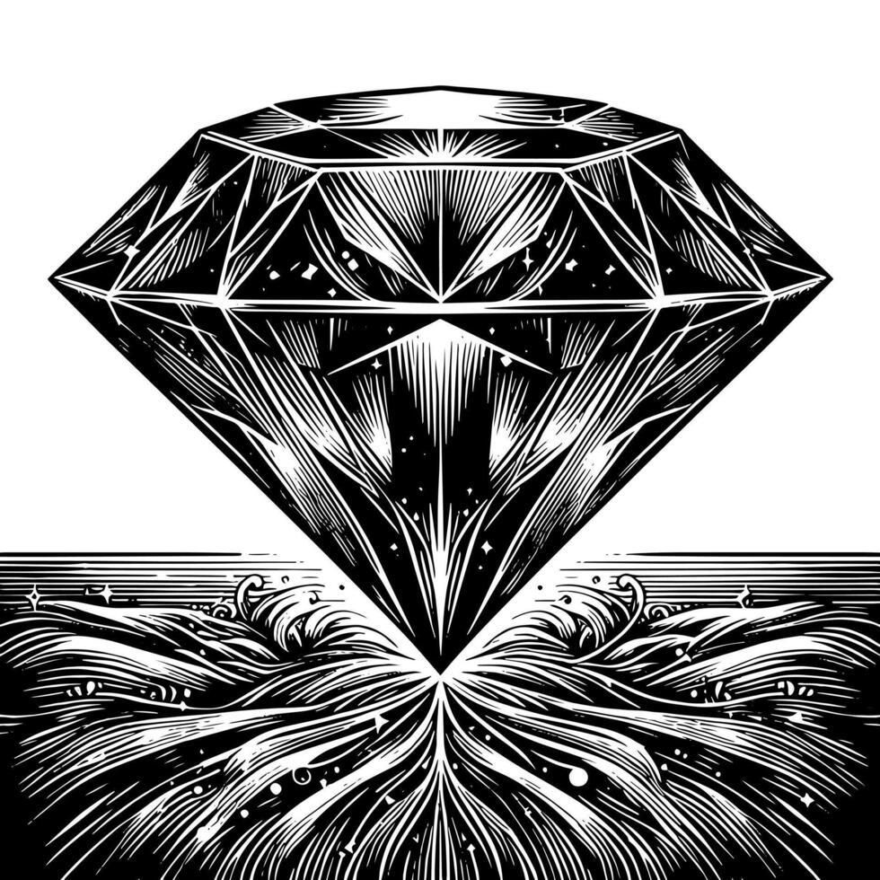 Black and white silhouette of a perfectly cut sparkling solitaire diamond gemstone vector