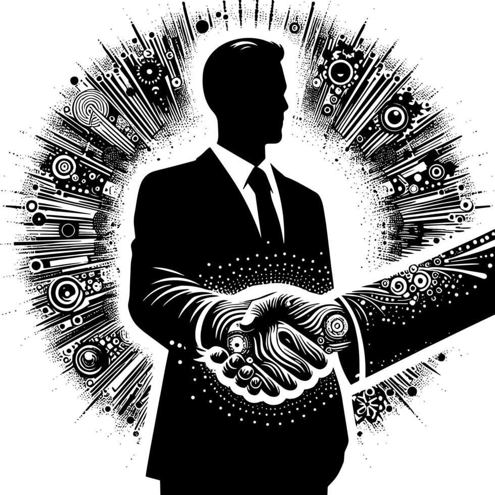 Black and white Illustration of a Handshake bewtween two Business Men in Suits vector