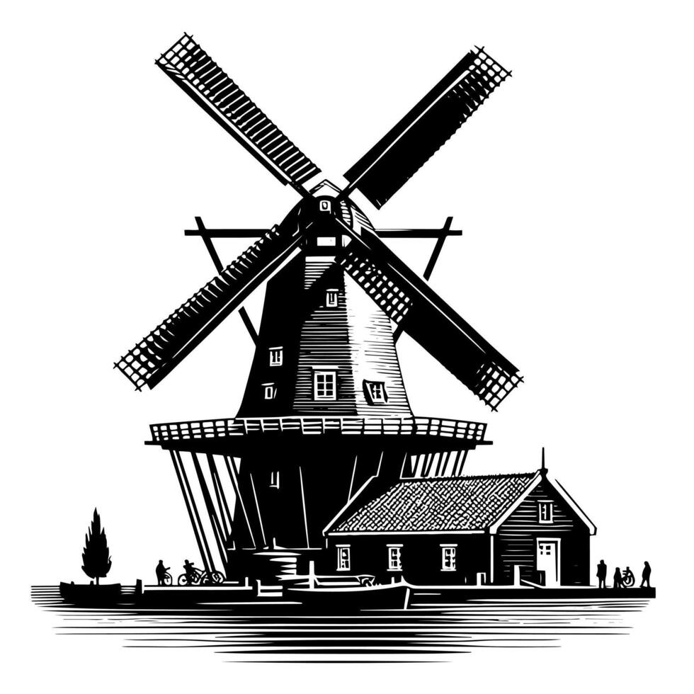 Black and White Illustration of a traditional old Windmill in Holland vector